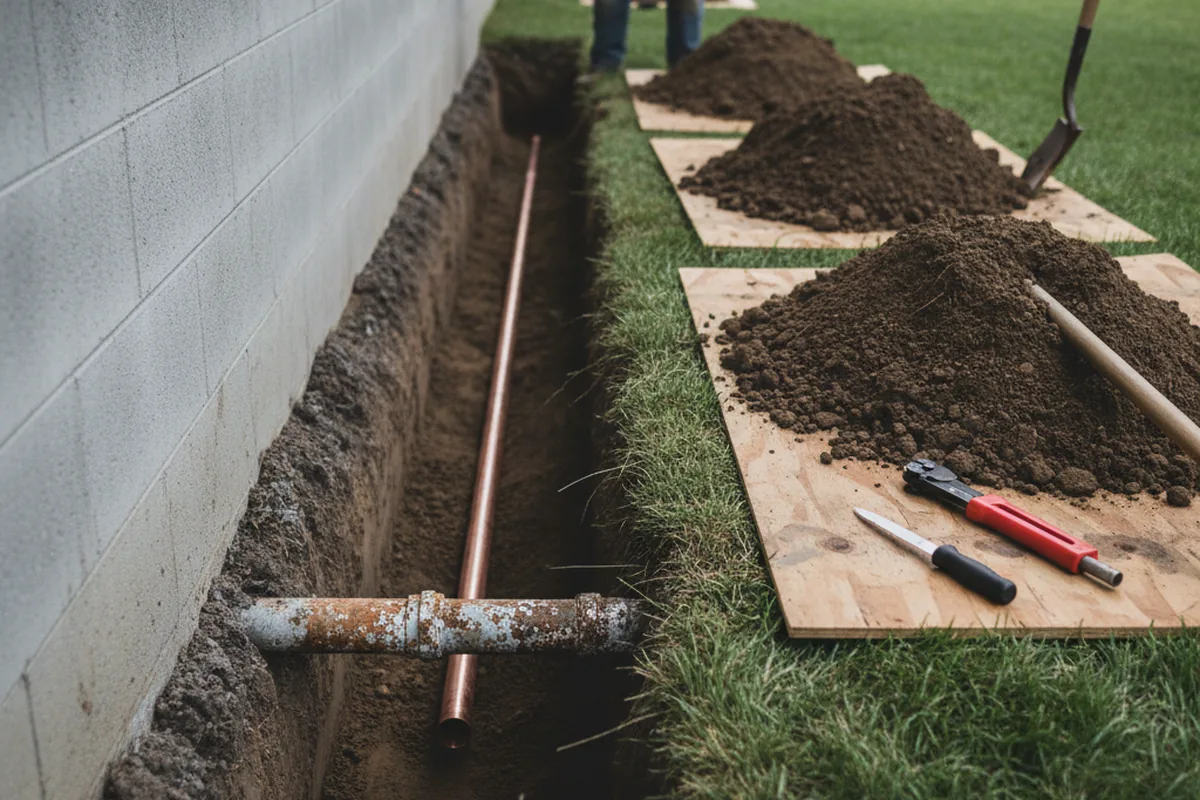 Excavated water line trench during Water Softener Installation in Dana